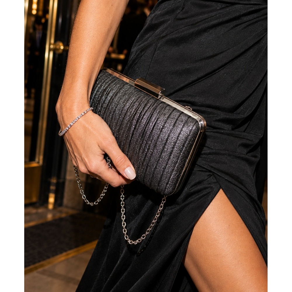 NWT Tadashi Shoji Pleated Metallic Minaudiere Evening Clutch Gunmetal